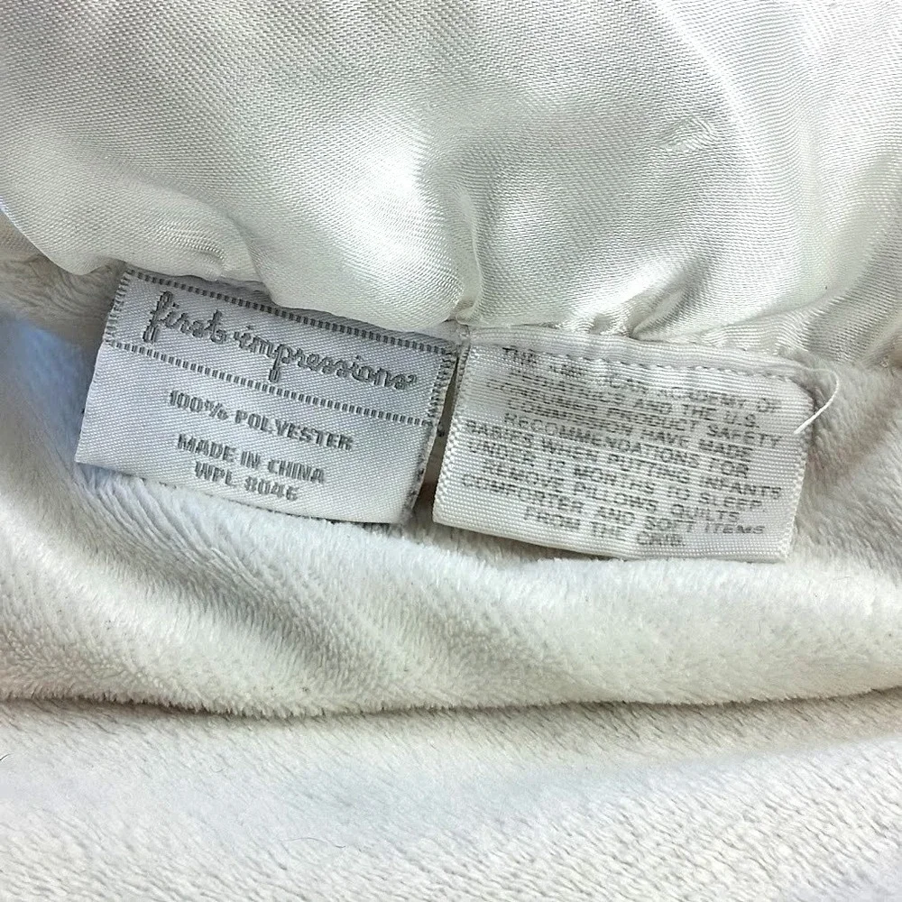 First Impressions Solid Beige White Baby Blanket Ruffled Satin Trim Furry Plush